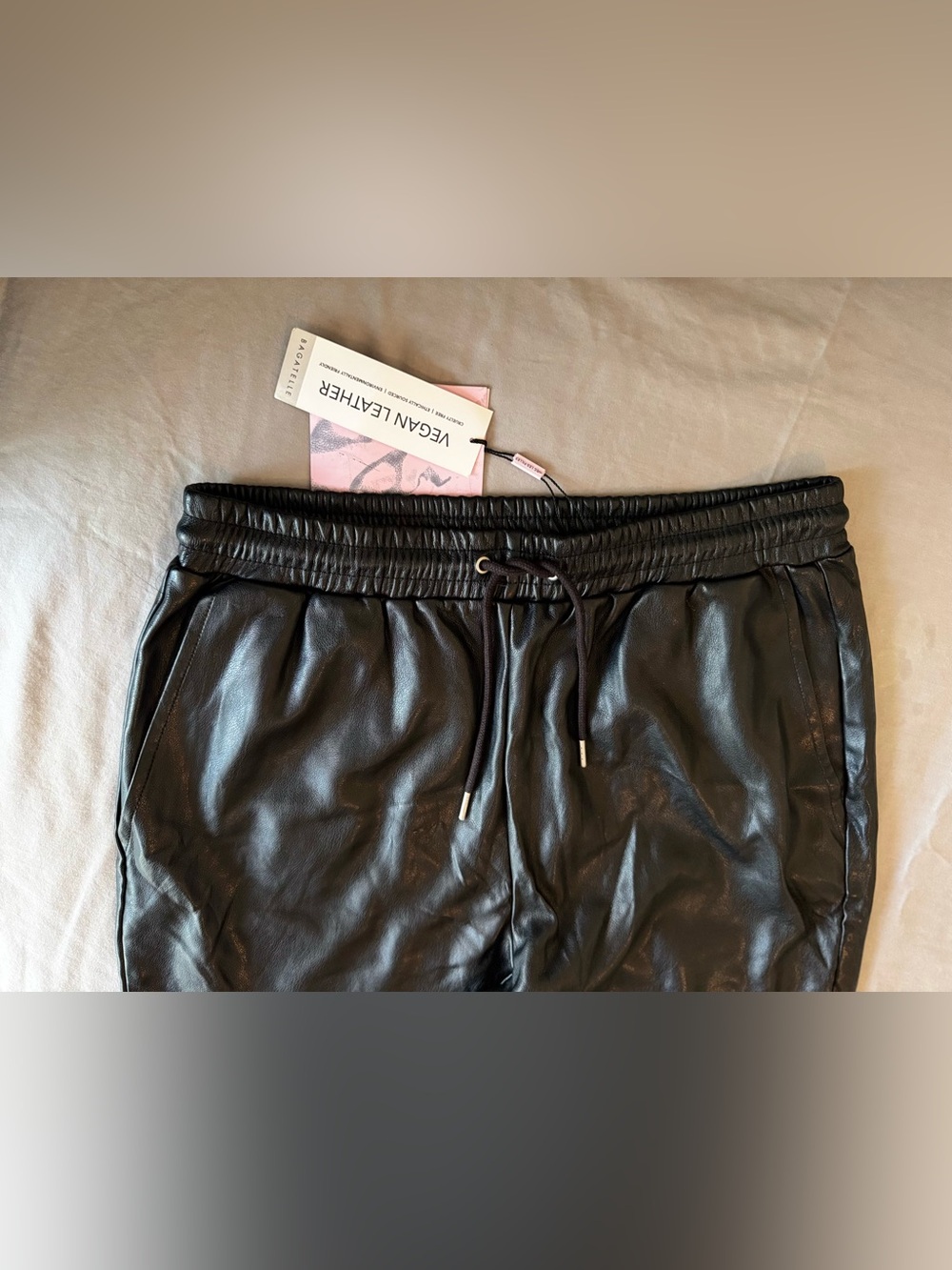 AVEC LES FILLES Black Vegan Faux Leather Jogger Pants Joggers - Picture 6 of 16